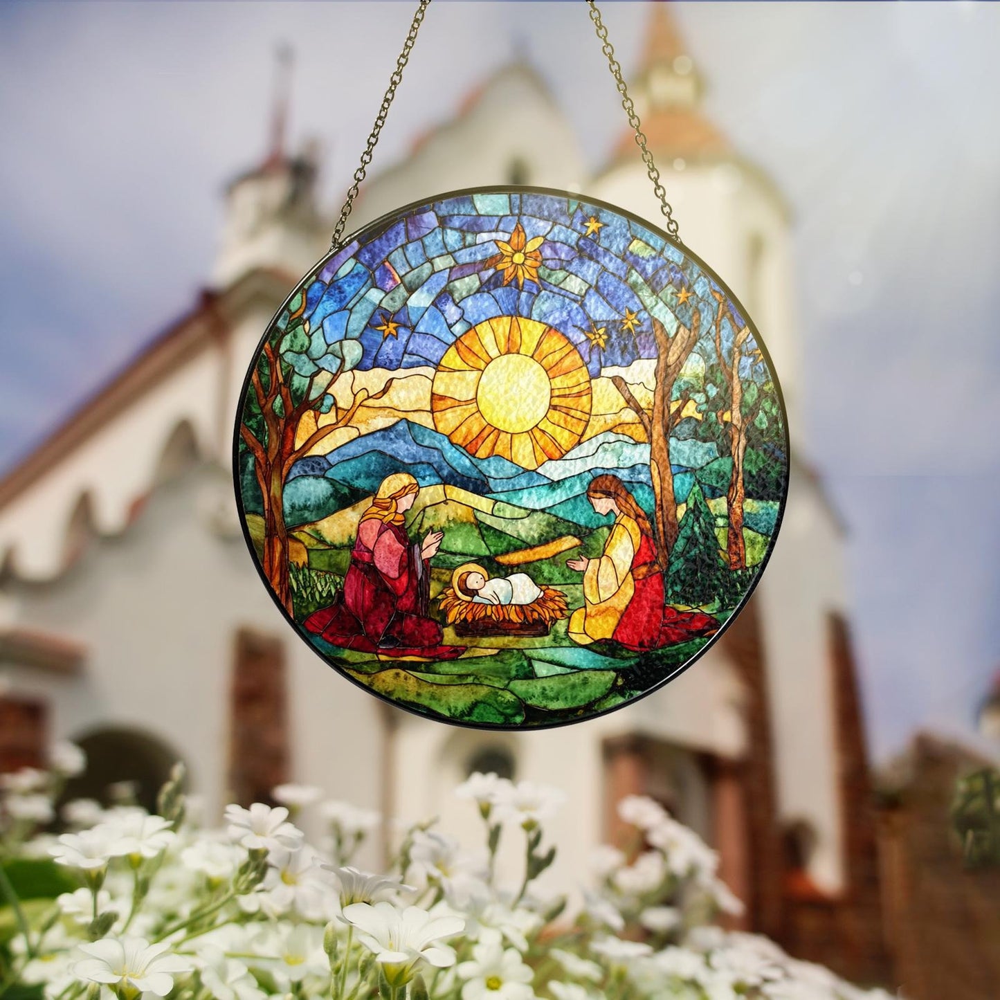 Netecom O Holy Night Window Hanging – Nativity Religious Ornament, Jesus Stained Glass Christmas Decor, Catholic Christmas Gift