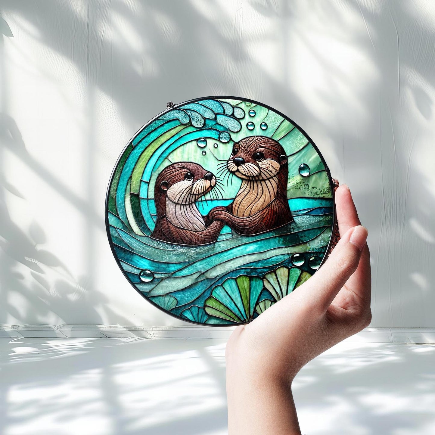 Netecom Otter Couple Stained Glass Suncatcher – Romantic Otter Lover Gift, Love Window Hanging, Anniversary and Valentine Gift for Husband Wife