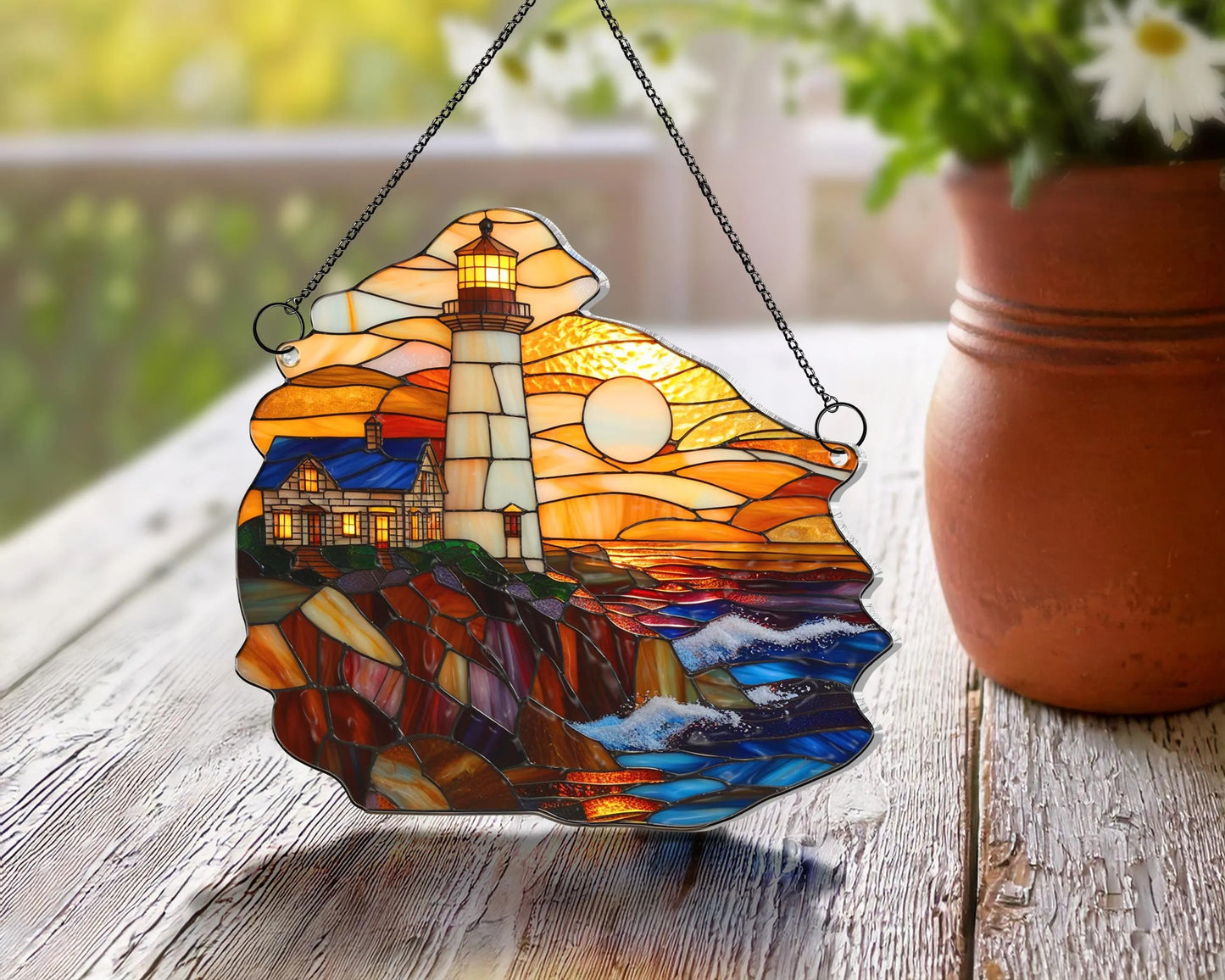 Netecom Coastal Lighthouse Acrylic Suncatcher – Sunset on the Sea, Beach Decor, Nature Lover Gift, Window Hanging for Home Car