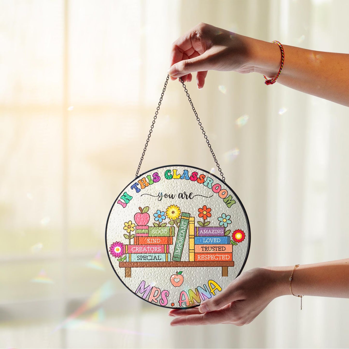 Netecom Personalized Teacher Stained Glass Suncatcher – Teacher Appreciation Gift for Back to School, Classroom Decor