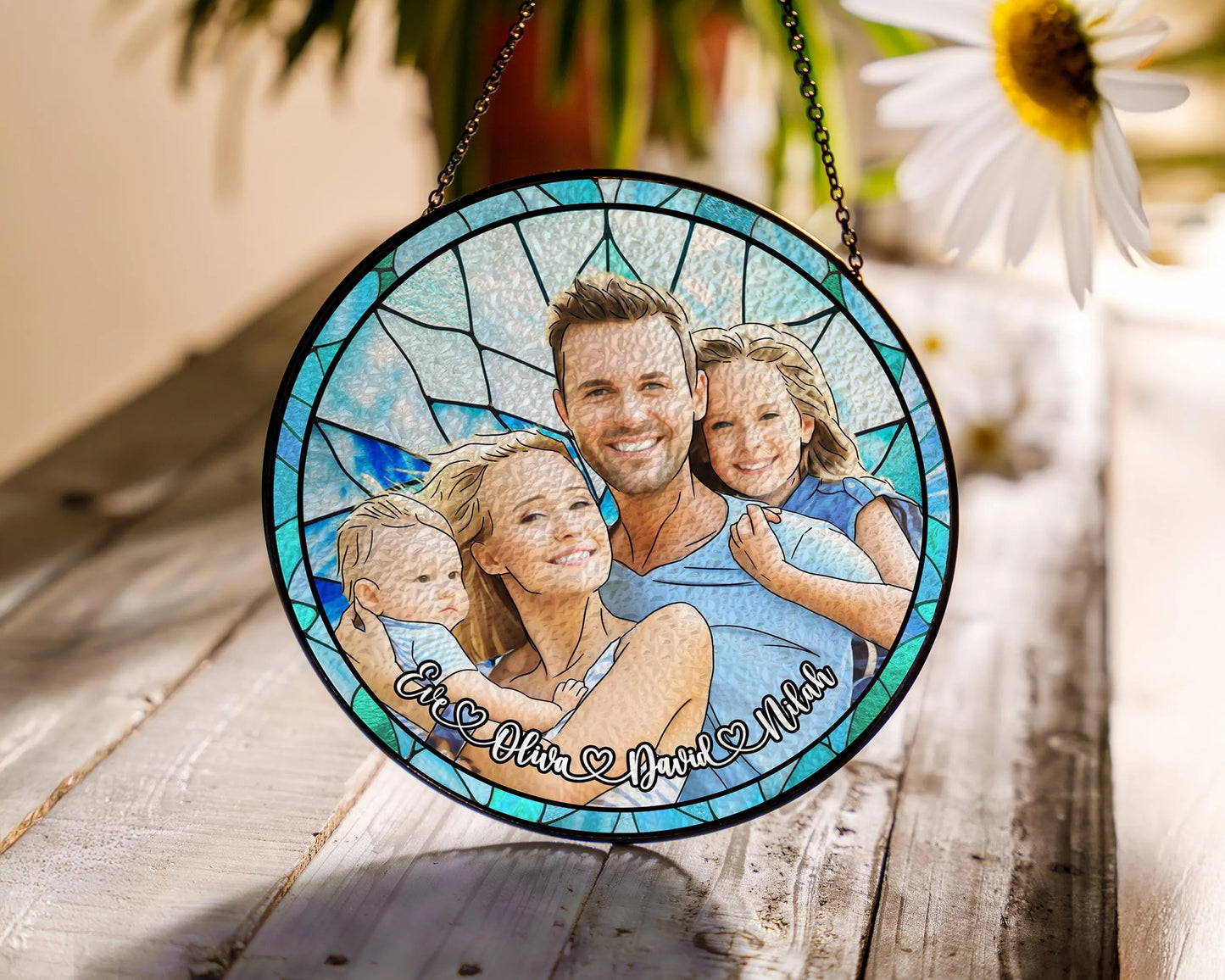 Netecom Personalized Family Photo Stained Glass Suncatcher – Custom Family Portrait Window Hanging Gift for Mom Dad Grandma Christmas Couple Portrait