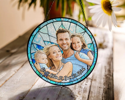 Netecom Personalized Family Photo Stained Glass Suncatcher – Custom Family Portrait Window Hanging Gift for Mom Dad Grandma Christmas Couple Portrait