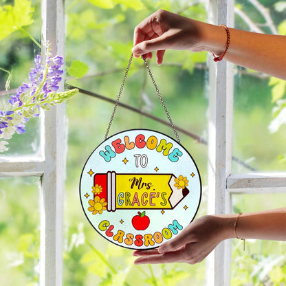 Netecom Personalized Teacher Stained Glass Suncatcher – Custom Teacher Appreciation Gift, Classroom Decor, Back to School Window Hanging