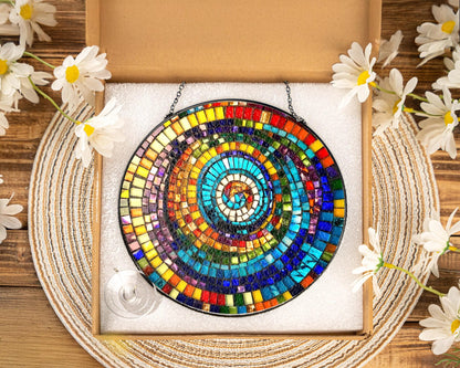 Netecom Rainbow Spiral Faux Stained Glass Suncatcher, Colorful Geometric Window Hanging, Round Mosaic Light Catcher, Vibrant Art Decor Gift