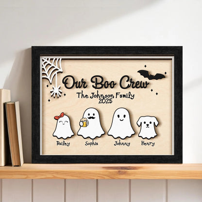 Netecom Personalized Ghost Family Halloween Wood Sign Our Boo Crew Custom Name Decor Spooky Home Wall Art Cute Holiday Keepsake