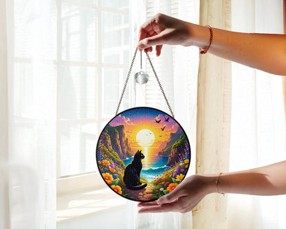 Netecom Memorial Stained Glass Suncatcher, Pet Loss Sympathy Gift, Flower Glass Art Window Hanging, Cat Lover Gift