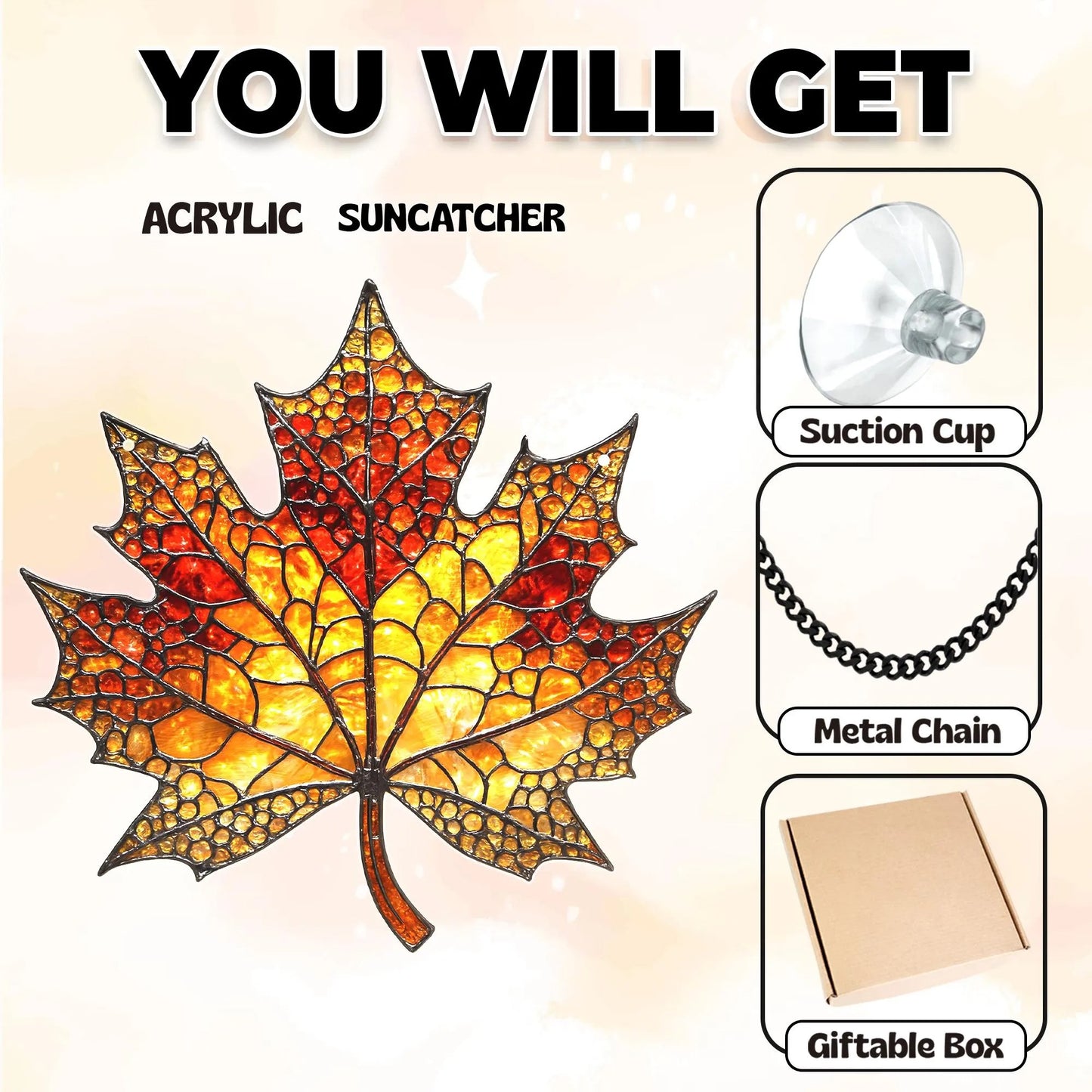 Netecom Autumn Maple Leaf Acrylic Suncatcher – Faux Stained Glass Maple Leaf Ornament for Fall, Nature Lover Gift, Autumn Window Hanging Decor