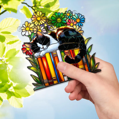 Netecom Cat Book Flower Acrylic Suncatcher – Faux Stained Glass Window Hanging, Reading Cat Book Ornament, Gift for Book Lovers & Cat Lovers