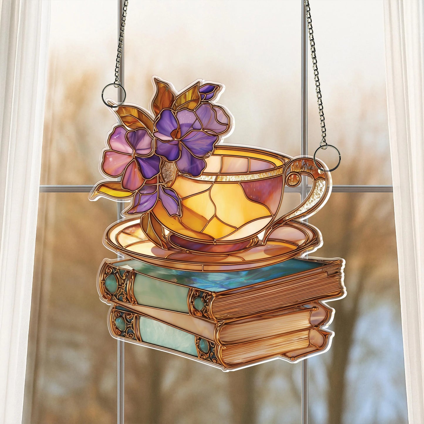 Netecom Floral Teacup & Books Acrylic Suncatcher – Magical Library Window Hanging, Book Lover Gift, Cozy Home Decor for Readers