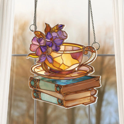 Netecom Floral Teacup & Books Acrylic Suncatcher – Magical Library Window Hanging, Book Lover Gift, Cozy Home Decor for Readers