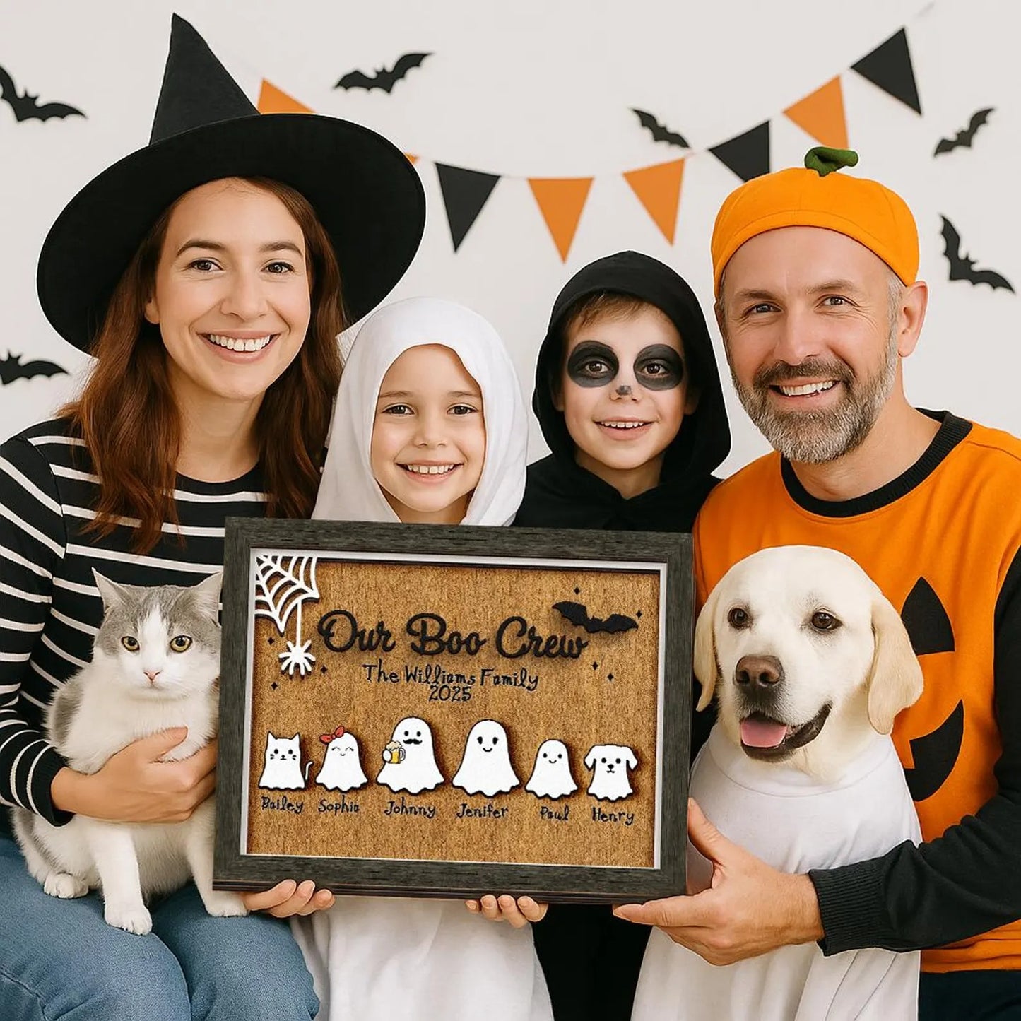 Netecom Personalized Ghost Family Halloween Wood Sign Our Boo Crew Custom Name Decor Spooky Home Wall Art Cute Holiday Keepsake