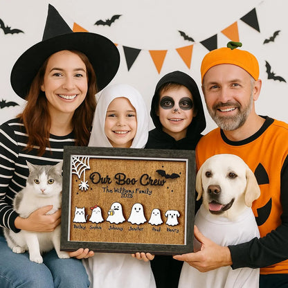 Netecom Personalized Ghost Family Halloween Wood Sign Our Boo Crew Custom Name Decor Spooky Home Wall Art Cute Holiday Keepsake