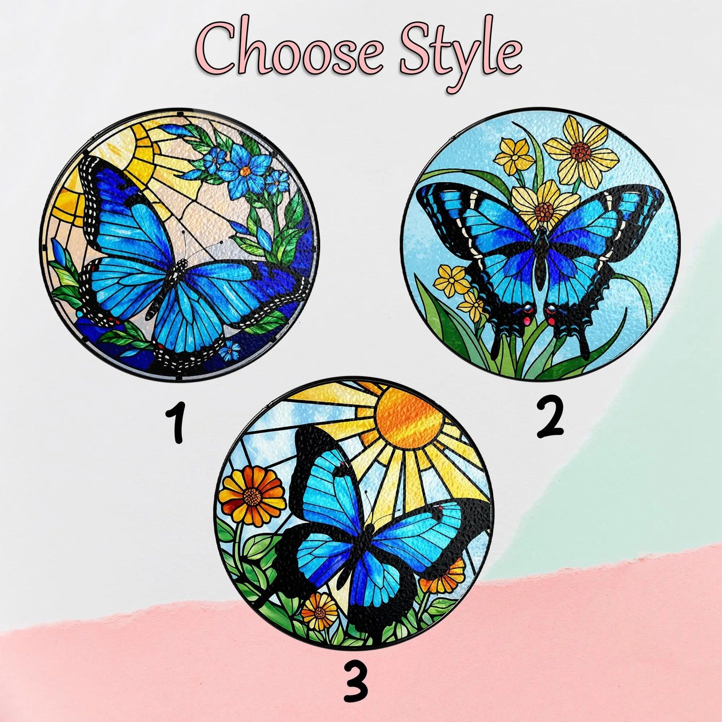 Netecom Blue Butterfly Stained Glass Suncatcher – Round Window Hanging Decor, Butterfly Lovers, Floral Sun Catcher Gift for Mom Grandma