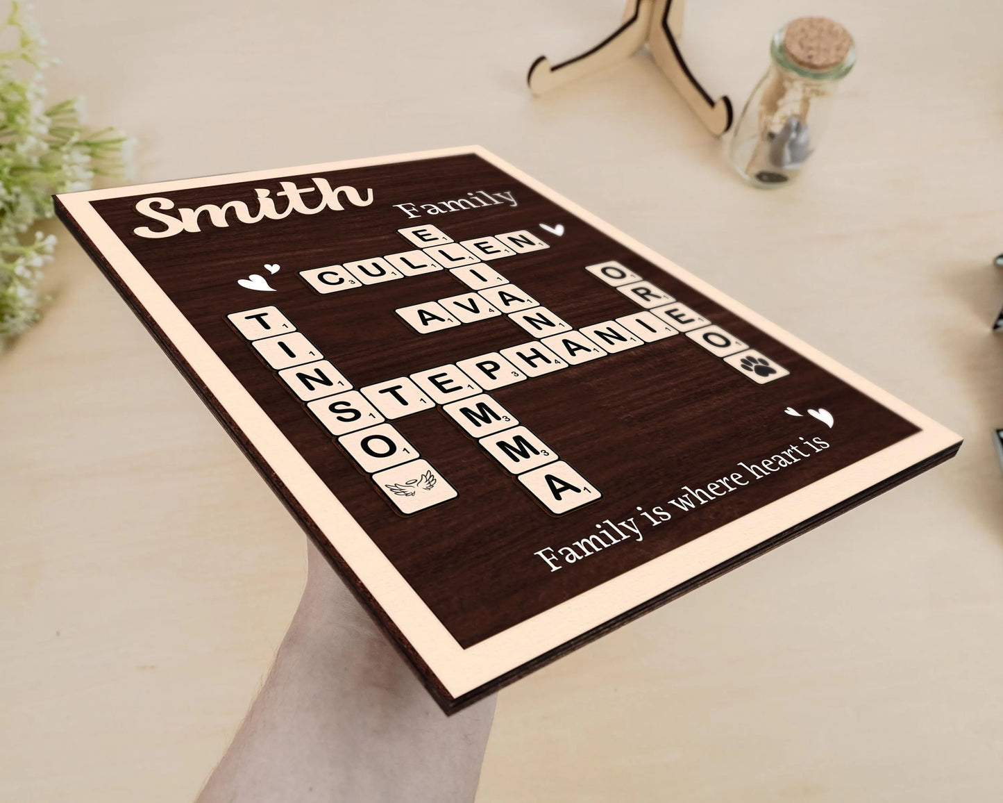 Netecom Personalized Scrabble Family Name Frame Crossword Puzzle Sign with Grandkids Names Custom Wooden Gift for Grandparents Home Decor