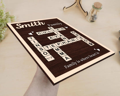 Netecom Personalized Scrabble Family Name Frame Crossword Puzzle Sign with Grandkids Names Custom Wooden Gift for Grandparents Home Decor