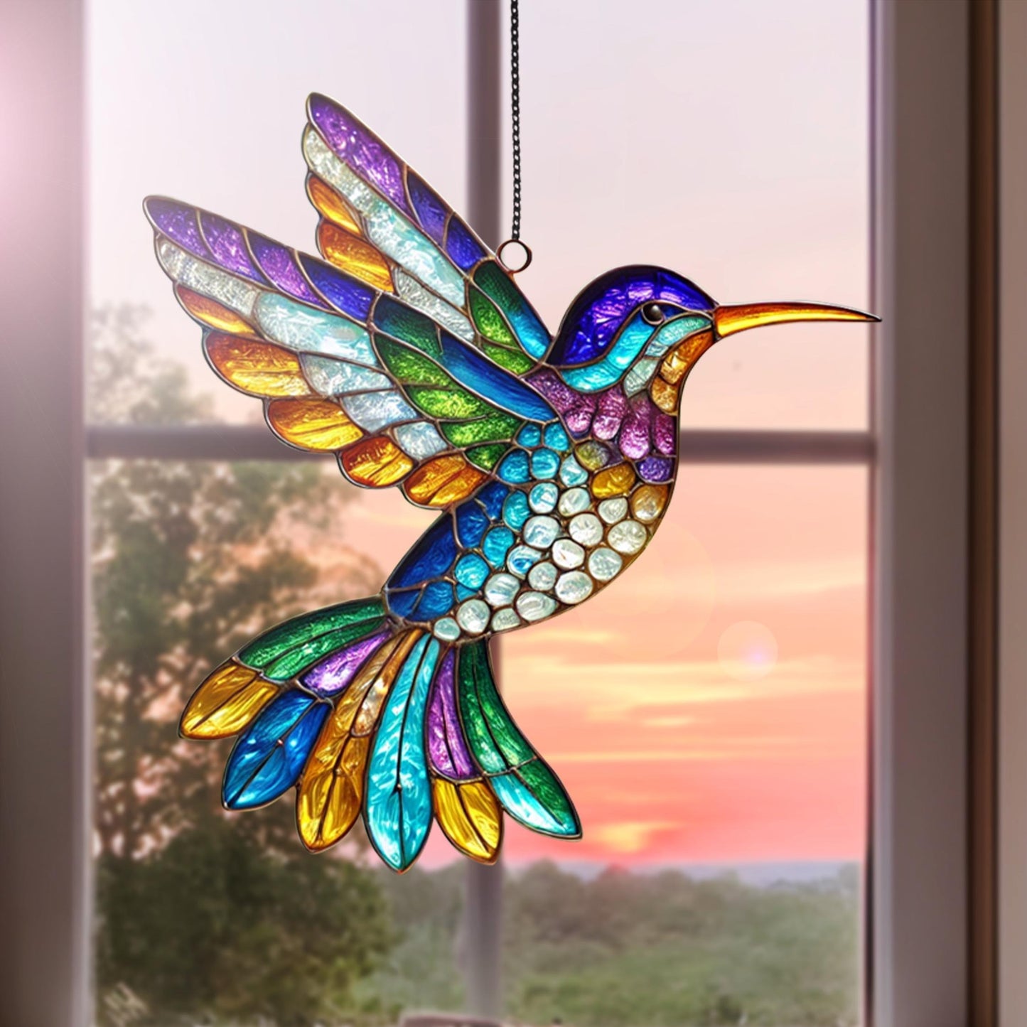 Netecom Hummingbird Acrylic Suncatcher Window Hanging, Colorful Bird Wildflower Decor, Nature Lover Gift