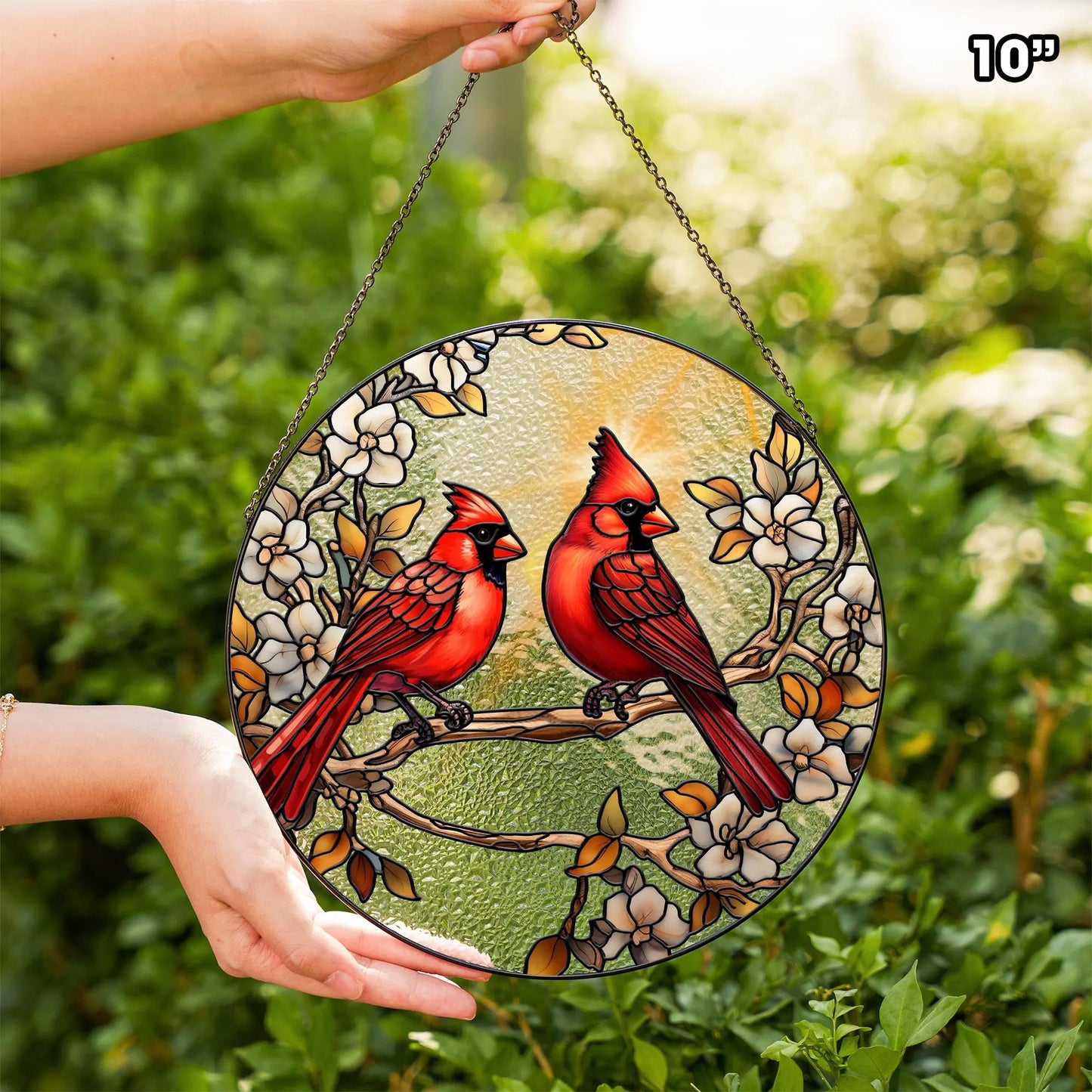 Netecom Red Cardinal Stained Glass Suncatcher – Floral Window Hanging, Cardinal Lover Gift, Anniversary Decoration, Nature-Inspired Glass Art
