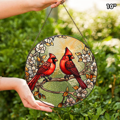 Netecom Red Cardinal Stained Glass Suncatcher – Floral Window Hanging, Cardinal Lover Gift, Anniversary Decoration, Nature-Inspired Glass Art