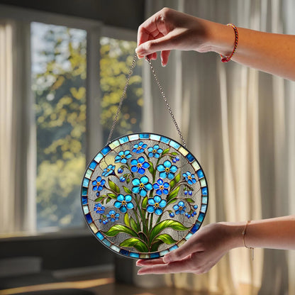 Netecom Forget-Me-Not Stained Glass Suncatcher – Blue Floral Window Hanging, Boho Nature-Inspired Art, Botanical Glass Ornament