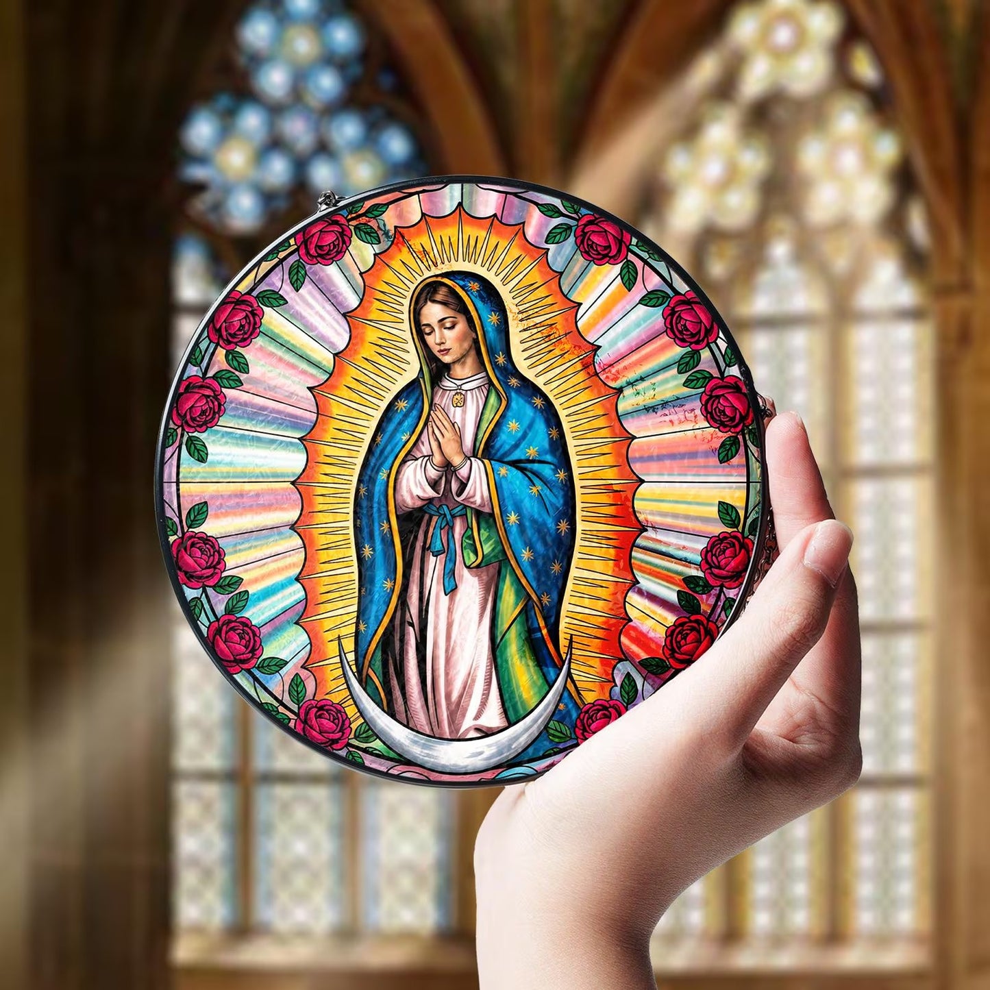 Netecom Our Lady of Guadalupe Stained Glass Window Hanging – Mexican Mom Gift, Latin Culture Art, Mother’s Day Tribute for Mom Grandmothers