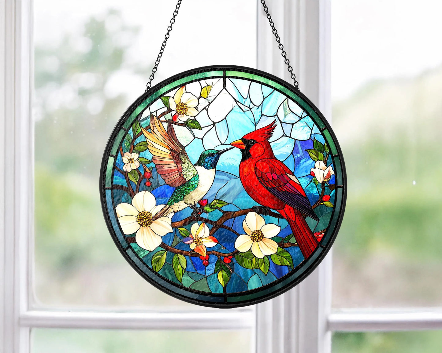 Netecom Cardinal Hummingbird Stained Glass Suncatcher – Window Hanging, Bird Lover Gift, Memorial Suncatcher, Elegant Home Decor, Memorial Gift for Women
