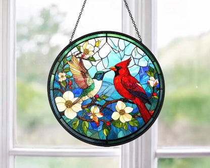 Netecom Cardinal Hummingbird Stained Glass Suncatcher – Window Hanging, Bird Lover Gift, Memorial Suncatcher, Elegant Home Decor, Memorial Gift for Women
