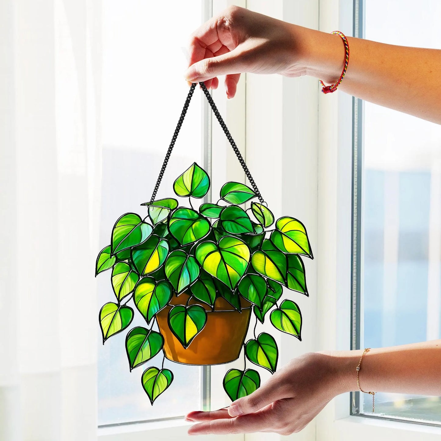 Netecom Pothos Plant Acrylic Suncatcher – Faux Stained Glass Window Hanging, Botanical Home Art Decor, Plant Lover Gift, Indoor Garden Hanging Decor