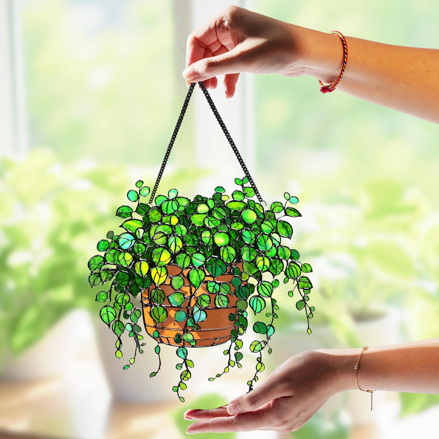 Netecom String of Turtles Acrylic Suncatcher – Faux Stained Glass Window Hanging Decor for Plant Lovers, Botanical Home Art, Garden Decor