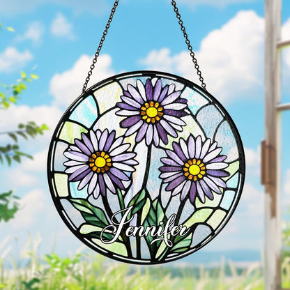 Netecom Aster Stained Glass Suncatcher – September Birth Flower Window Hanging, Purple Floral Sun Catcher Gift for Mom, Personalized Birth Month Gift for Her Mom