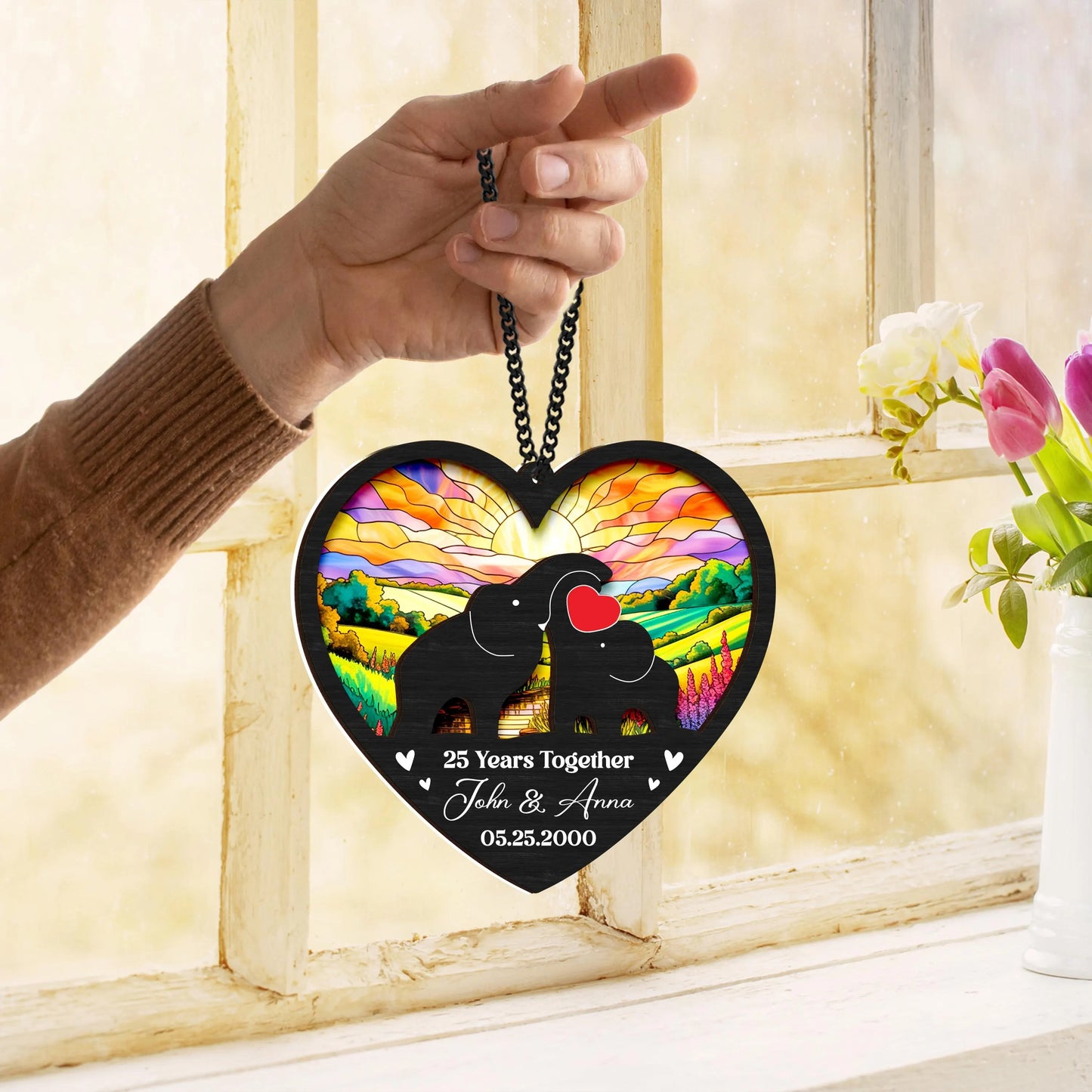 Netecom Wedding Anniversary Suncatcher – 30th Anniversary Couple Gift, Custom Anniversary Keepsake, Deer Couple, Elephant, Penguin Wedding Gift