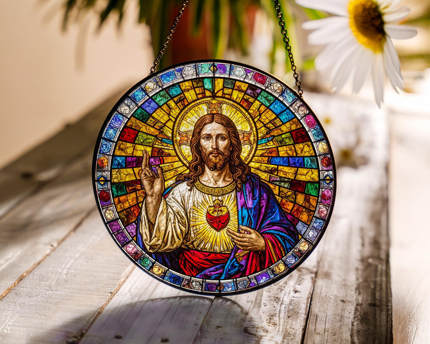 Netecom Christian Sacred Heart Stained Glass Art Jesus Window Decor Religious Suncatcher Gift Christmas Ornament