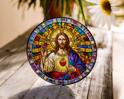 Netecom Christian Sacred Heart Stained Glass Art Jesus Window Decor Religious Suncatcher Gift Christmas Ornament