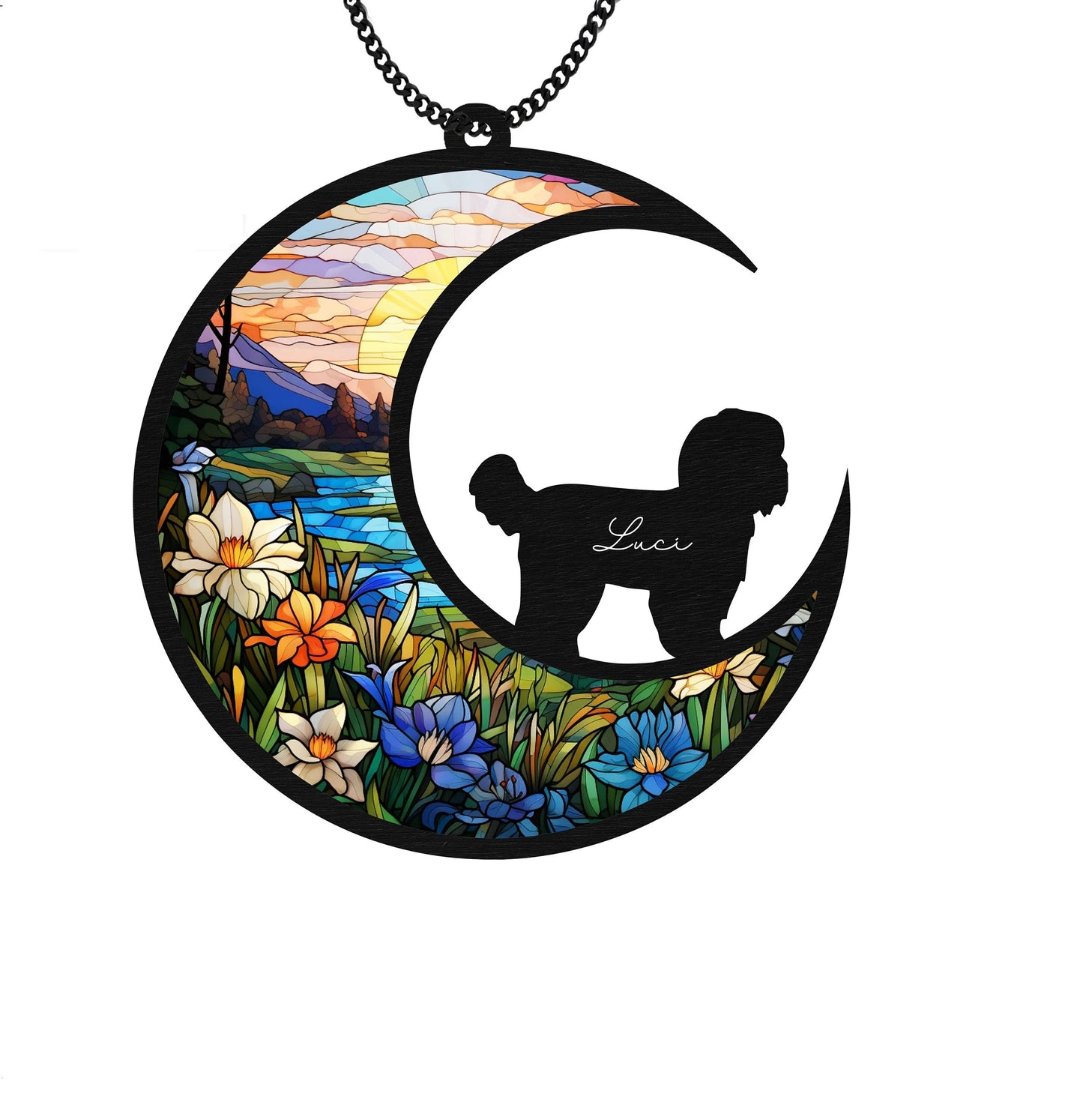 Netecom Personalized Shih Tzu Memorial Suncatcher – Pet Loss Sympathy Ornament, Stained Glass Dog on Moon Remembrance Gift, Window & Car Hanging