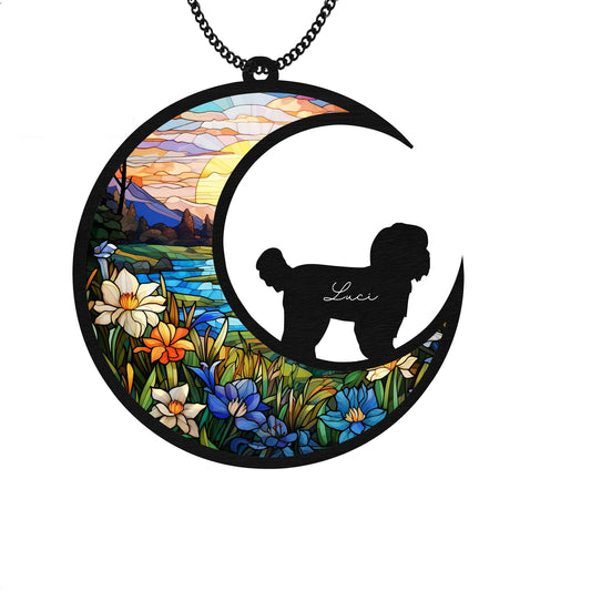 Netecom Personalized Shih Tzu Memorial Suncatcher – Pet Loss Sympathy Ornament, Stained Glass Dog on Moon Remembrance Gift, Window & Car Hanging