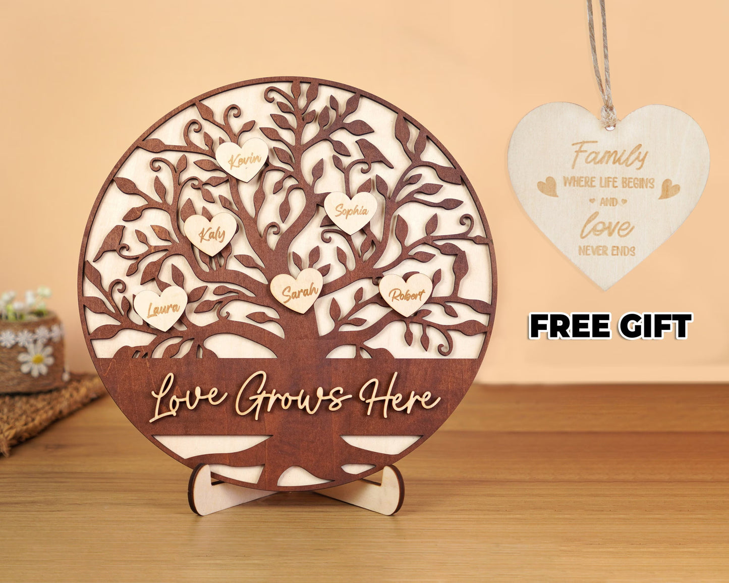 Netecom Personalized Wooden Family Tree Sign Heart Drop Name Frame Custom Family Gift for Mom Mum Home Decor Keepsake