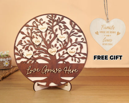 Netecom Personalized Wooden Family Tree Sign Heart Drop Name Frame Custom Family Gift for Mom Mum Home Decor Keepsake