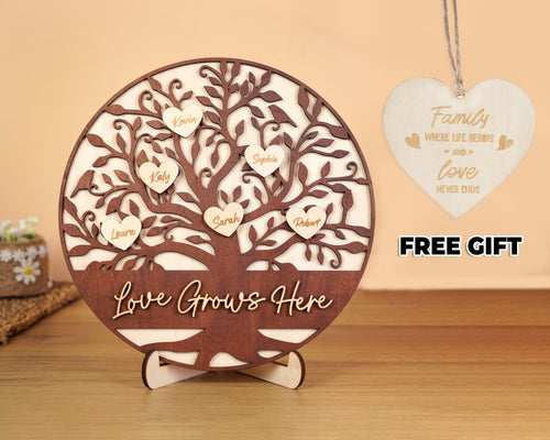 Netecom Personalized Wooden Family Tree Sign Heart Drop Name Frame Custom Family Gift for Mom Mum Home Decor Keepsake