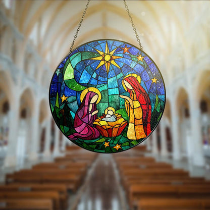 Netecom O Holy Night Window Hanging – Nativity Religious Ornament, Jesus Stained Glass Christmas Decor, Catholic Christmas Gift