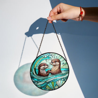 Netecom Otter Couple Stained Glass Suncatcher – Romantic Otter Lover Gift, Love Window Hanging, Anniversary and Valentine Gift for Husband Wife