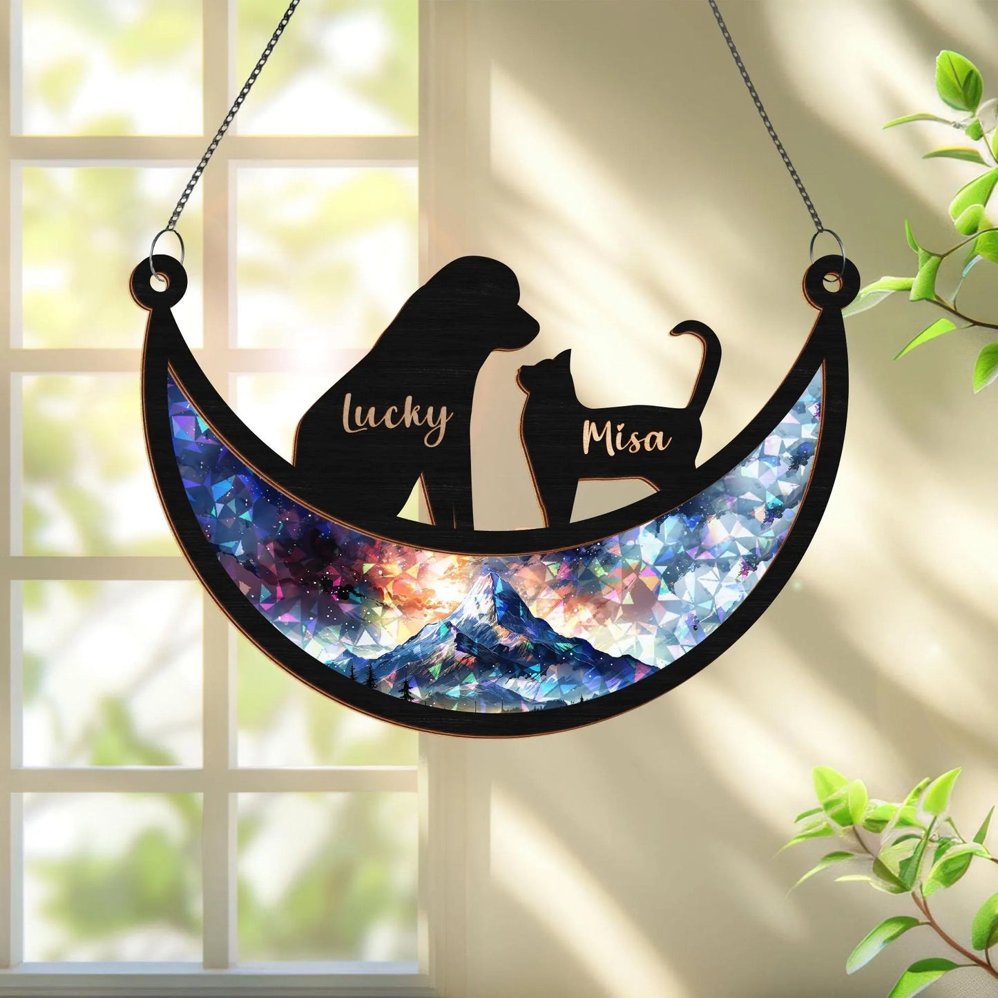 Netecom Personalized Cat Memorial Suncatcher – Couple Cat on Moon, Pet Loss Gift, Dog and Cat Remembrance, Custom Pet Memorial Window Hanging