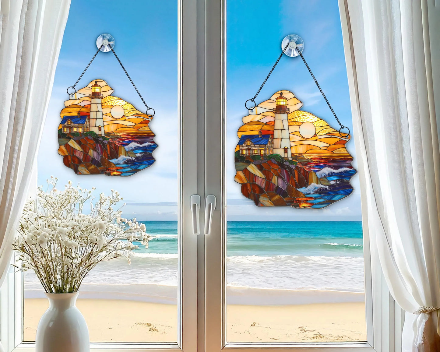 Netecom Coastal Lighthouse Acrylic Suncatcher – Sunset on the Sea, Beach Decor, Nature Lover Gift, Window Hanging for Home Car