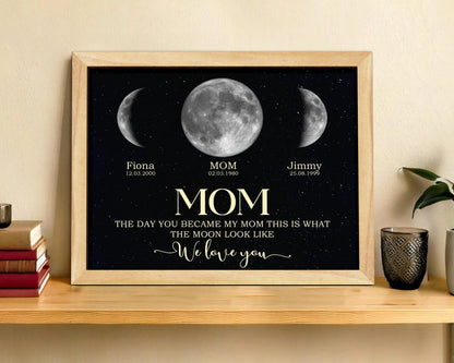 Netecom Personalized Moon Phase Frame with Kids' Names The Day You Became My Mom Gift Moon Phase Print Frame for Mother's Day Gift for Mama Unique Keepsake