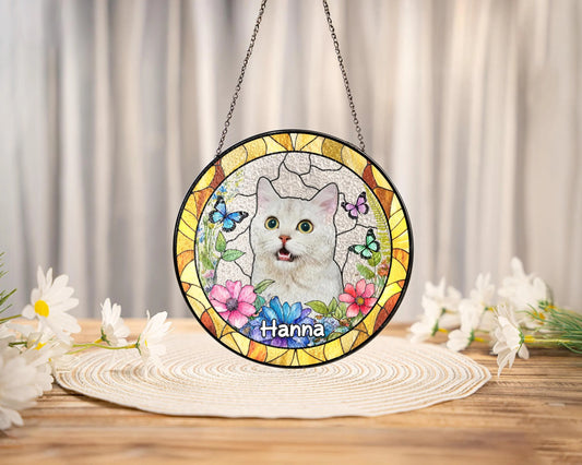 Netecom Personalized Pet Memorial Photo Suncatcher, Custom Stained Glass Window Hanging, Sympathy Gift for Pet Loss