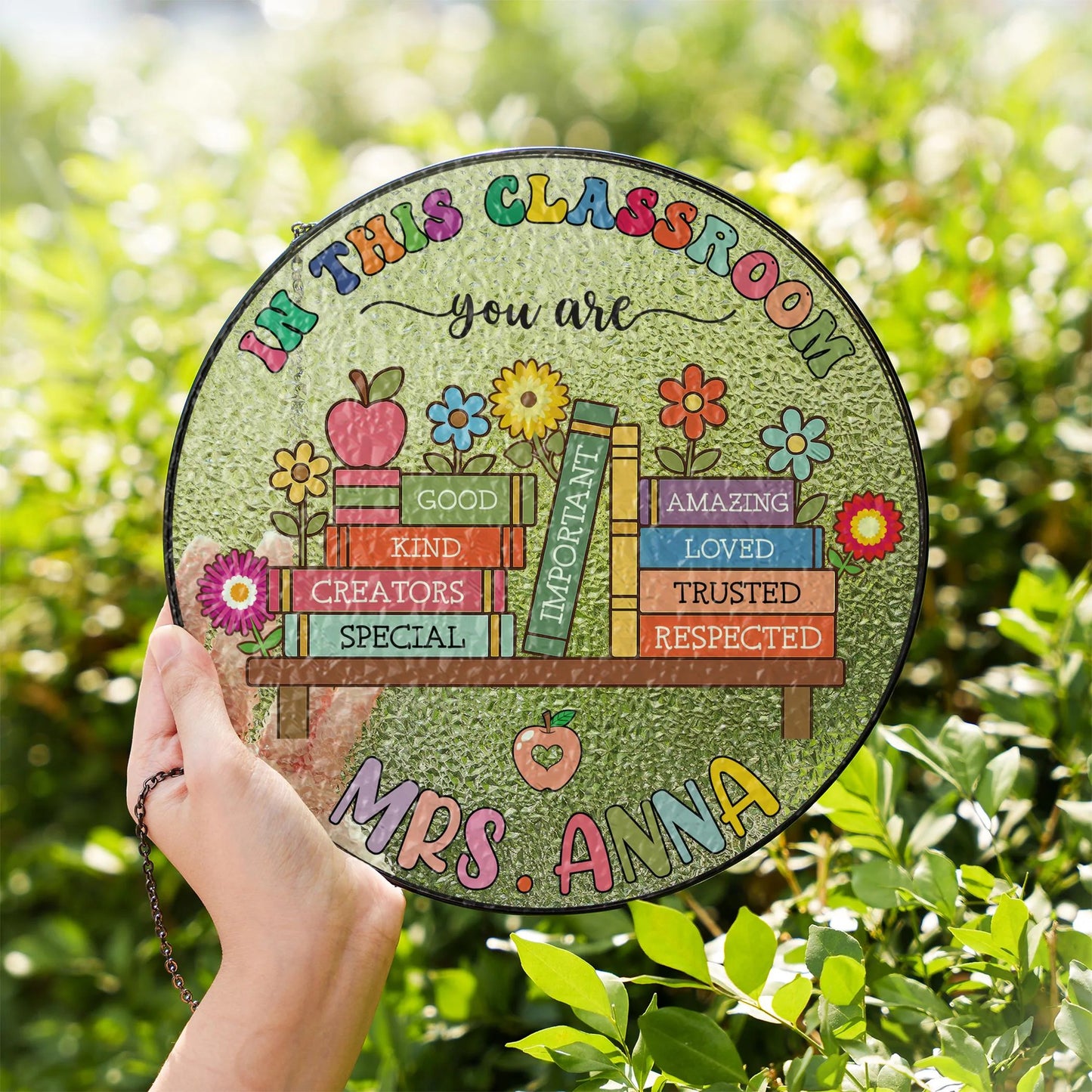 Netecom Personalized Teacher Stained Glass Suncatcher – Teacher Appreciation Gift for Back to School, Classroom Decor