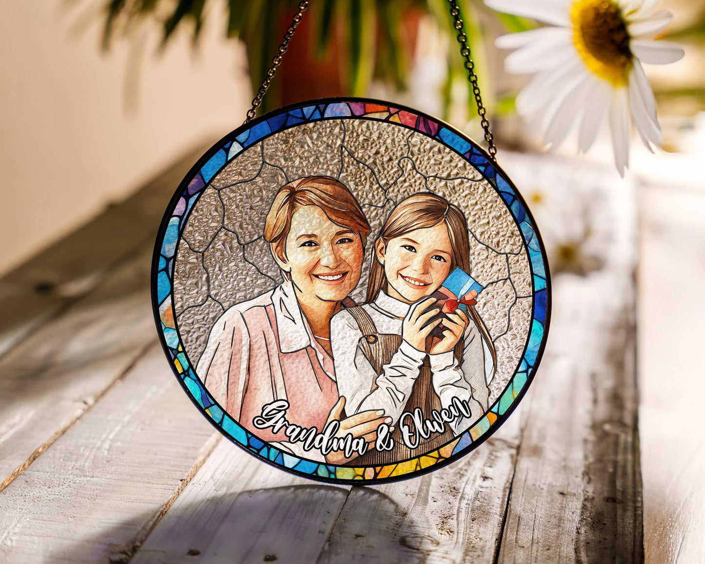 Netecom Personalized GrandmaGrandkids Stained Glass Suncatcher – Custom Family Portrait, Mother’s Day Gift, Nana Keepsake