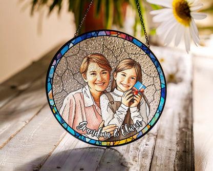 Netecom Personalized GrandmaGrandkids Stained Glass Suncatcher – Custom Family Portrait, Mother’s Day Gift, Nana Keepsake