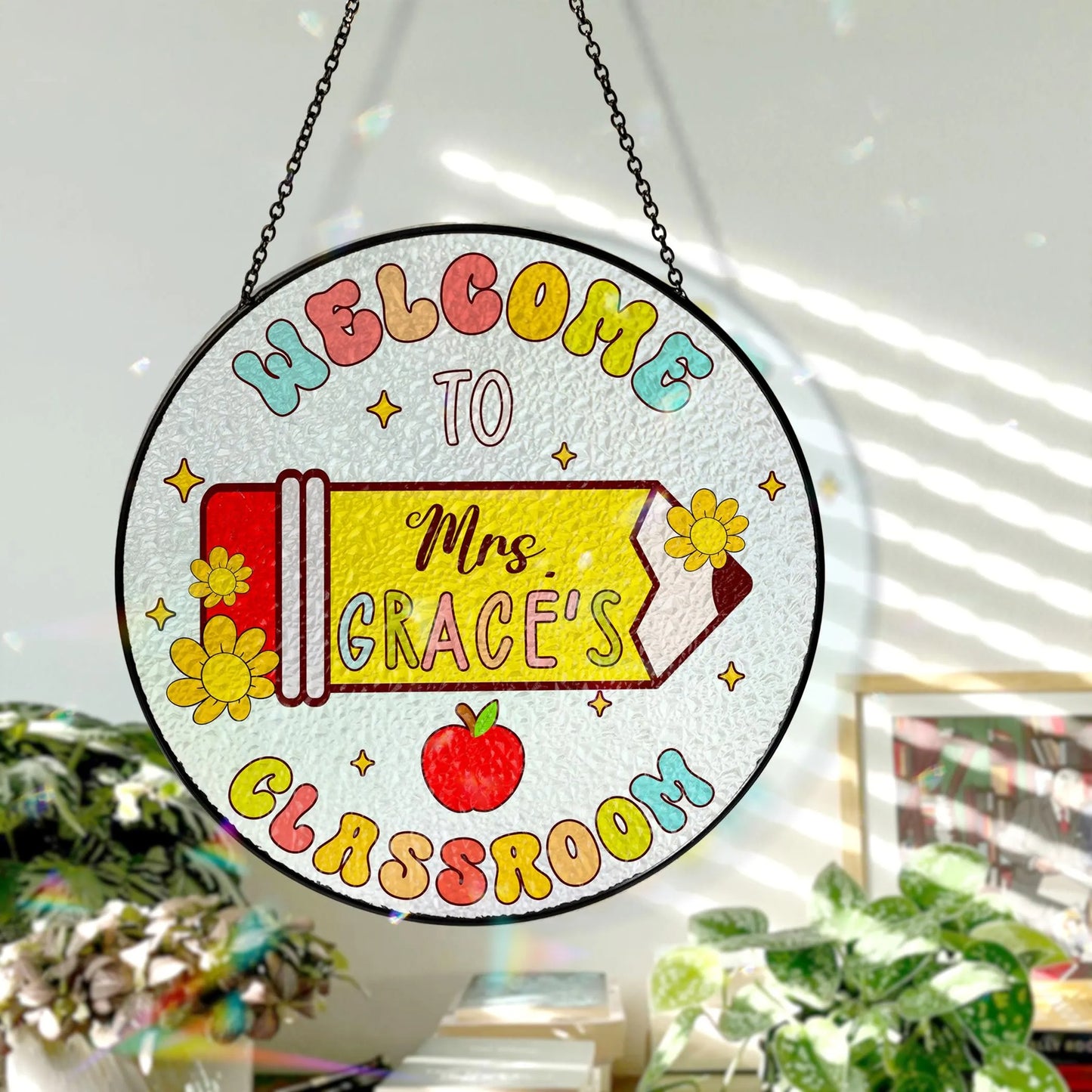 Netecom Personalized Teacher Stained Glass Suncatcher – Custom Teacher Appreciation Gift, Classroom Decor, Back to School Window Hanging