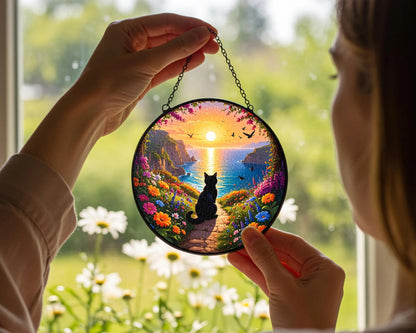 Netecom Memorial Stained Glass Suncatcher, Pet Loss Sympathy Gift, Flower Glass Art Window Hanging, Cat Lover Gift