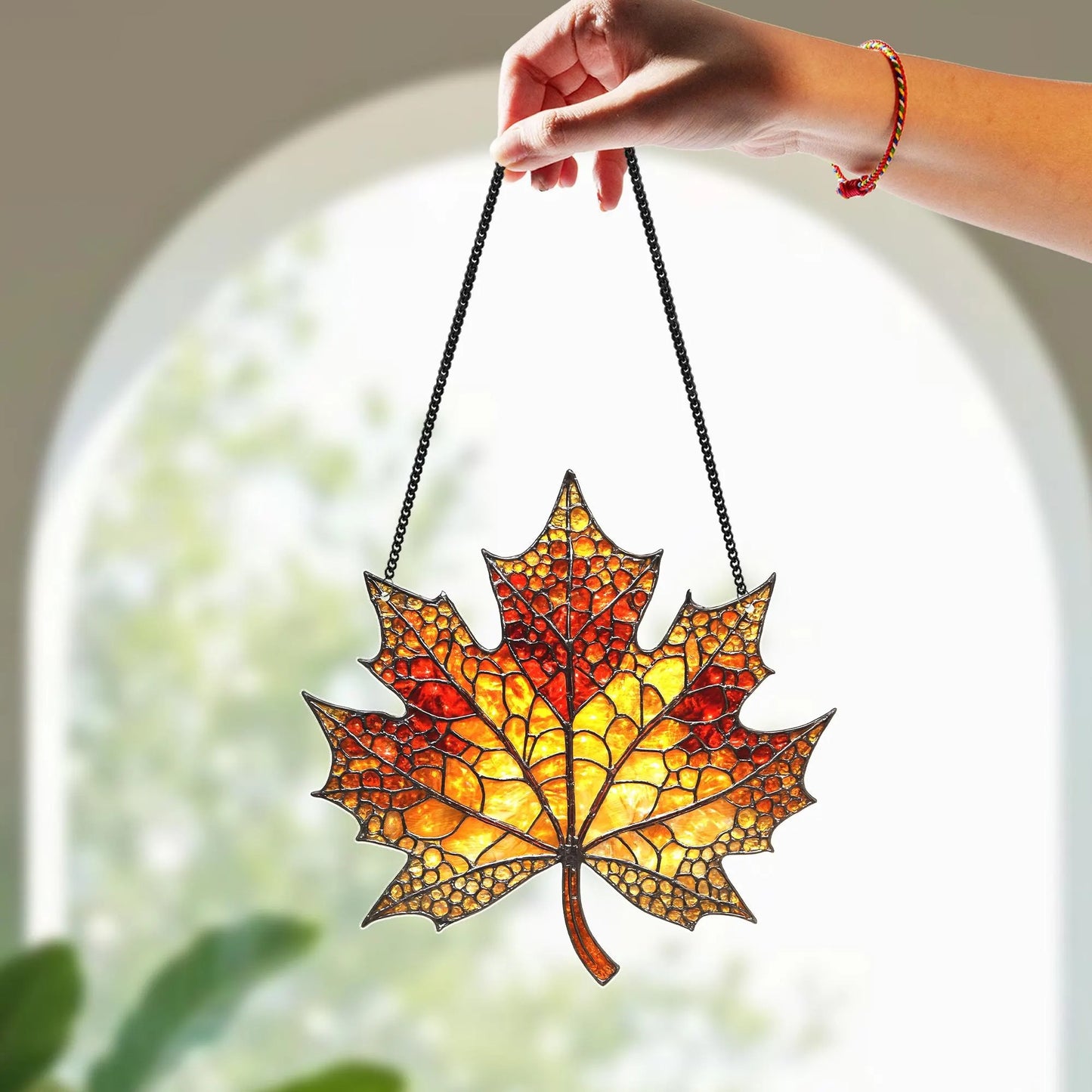 Netecom Autumn Maple Leaf Acrylic Suncatcher – Faux Stained Glass Maple Leaf Ornament for Fall, Nature Lover Gift, Autumn Window Hanging Decor
