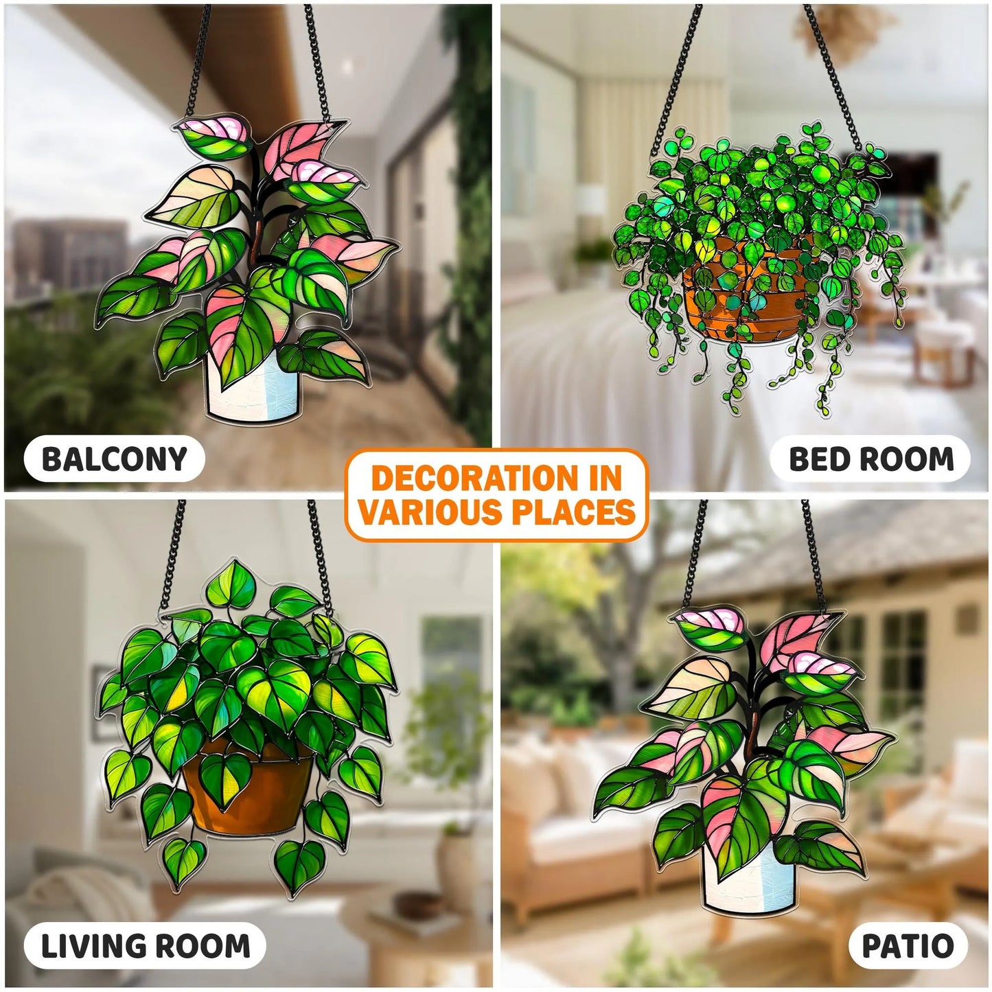 Netecom Pack of 3 Plant Acrylic Suncatchers – Faux Stained Glass Window Hanging, Botanical Home Art Decor, Garden Hanging Decor for Plant Lovers